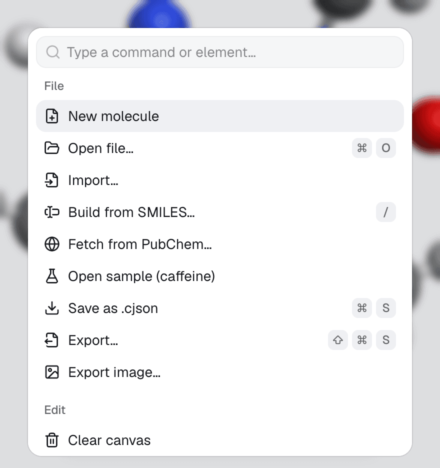 The command palette listing the file actions, with their keyboard shortcuts