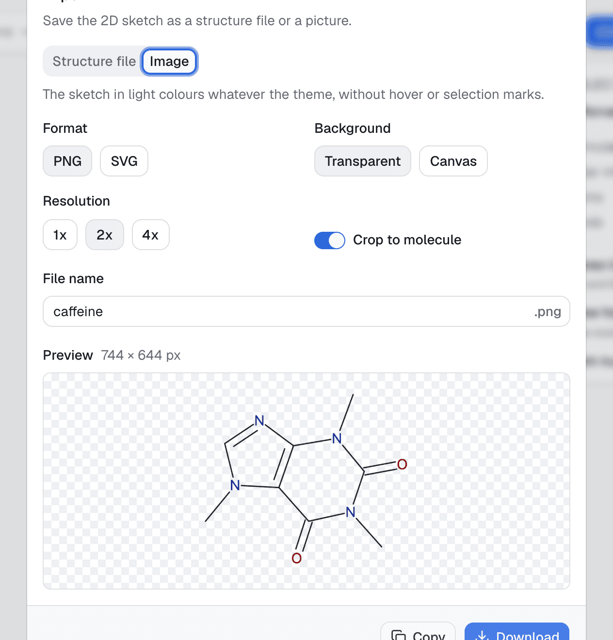The Export dialog on its Image tab, with format, background, resolution and crop options and a preview