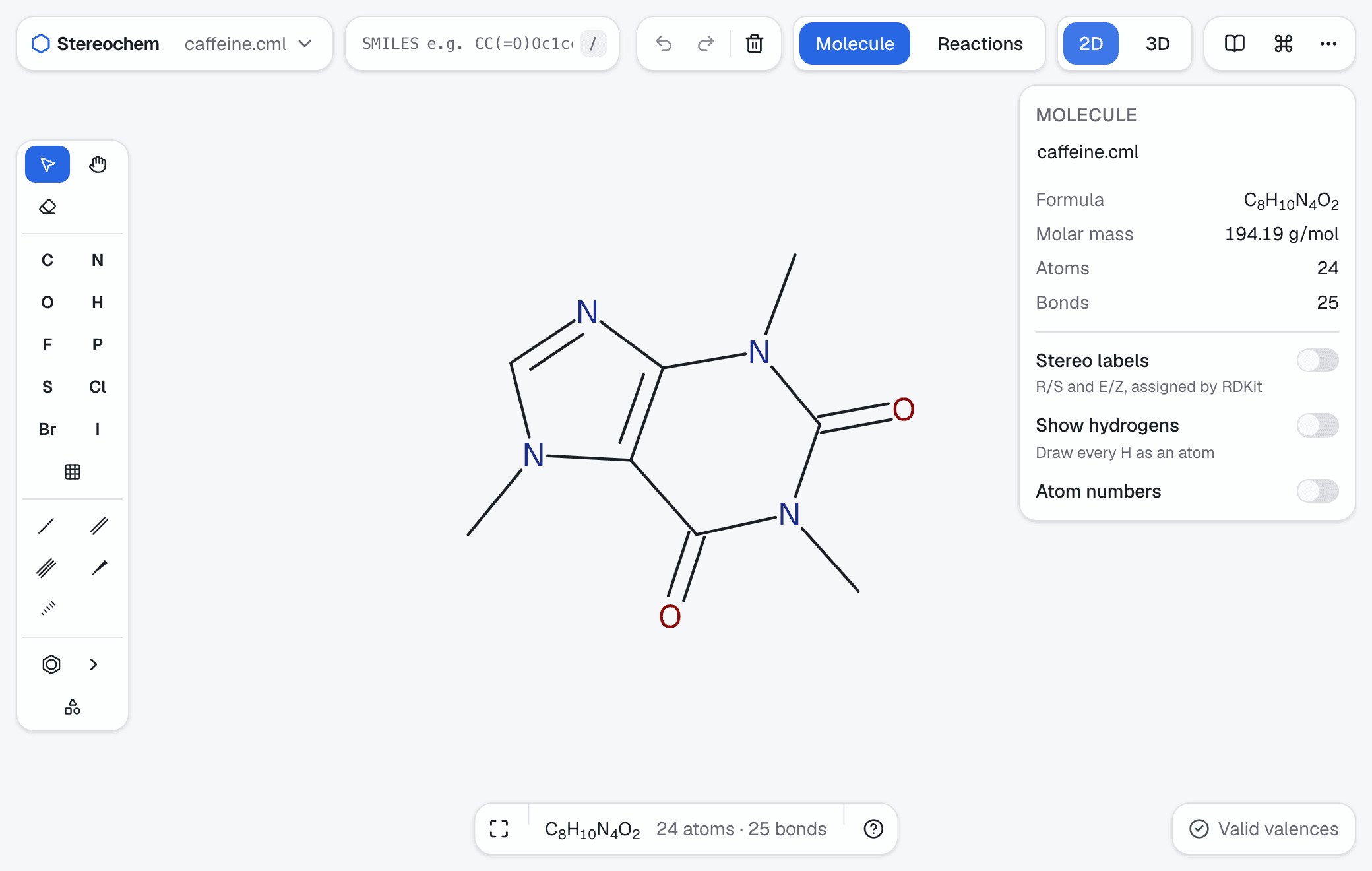 The 2D editor showing caffeine, with the element toolbar on the left and the inspector on the right