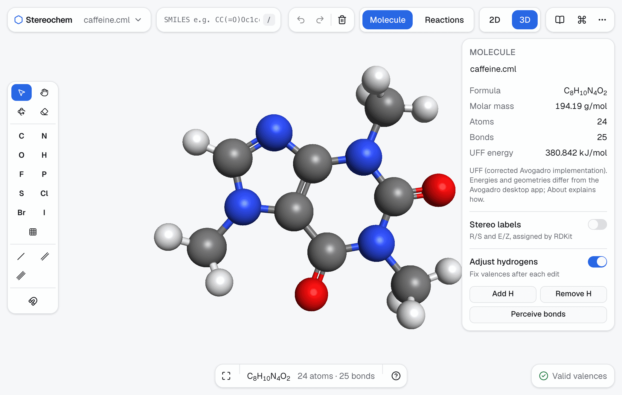 Caffeine in the 3D view, with its formula, molar mass and UFF energy in the inspector