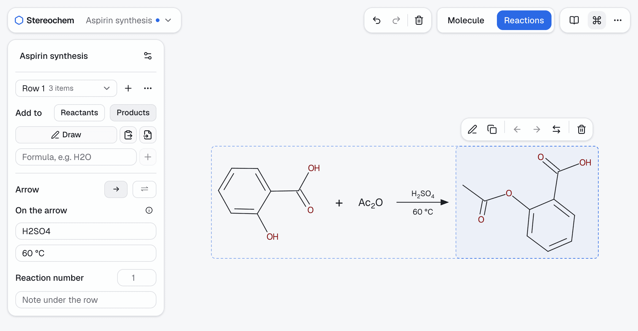A reaction sheet for aspirin: salicylic acid plus acetic anhydride, with H2SO4 and 60 °C on the arrow