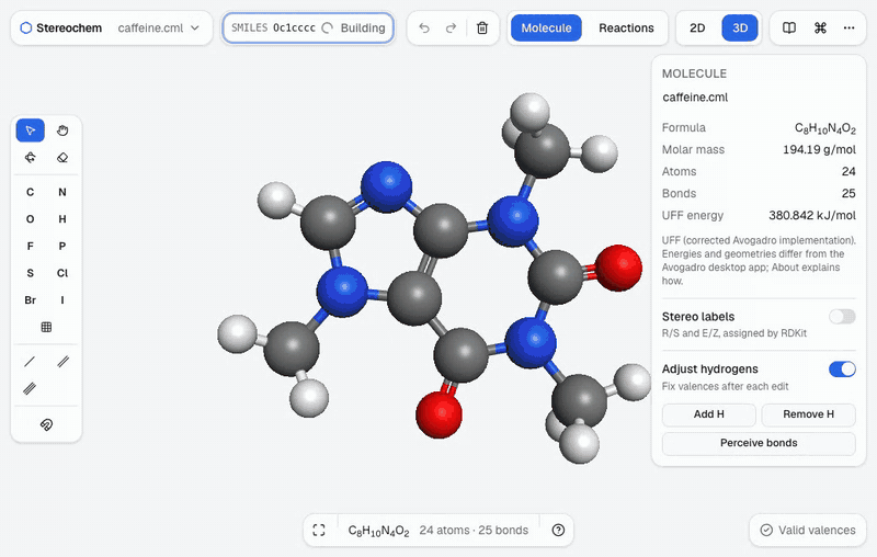 Typing a SMILES string into the SMILES box builds a 3D model, which can then be rotated